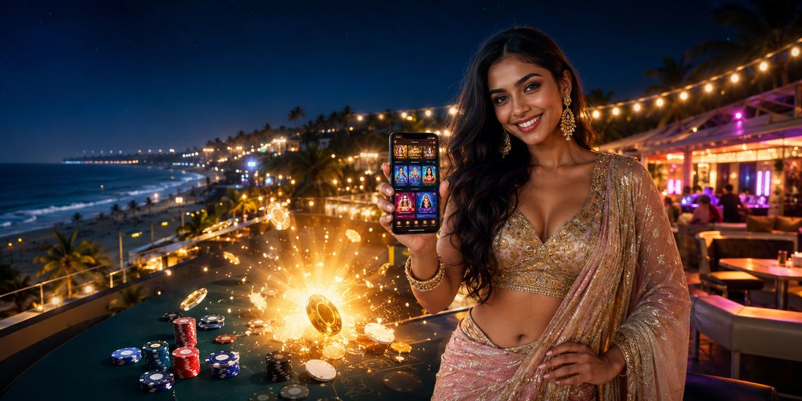 Player enjoying mobile slots by beachside in India